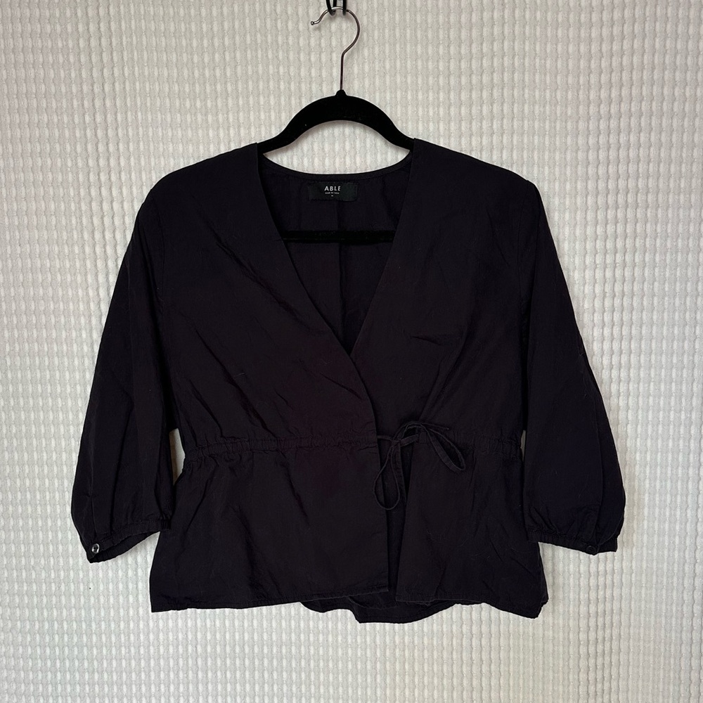 Able Black Wrap Blouse with V-Neck Collar